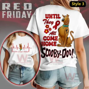 Scooby Doo Red Friday Until They all Come Home Shirt 6 A white shirt showing an animated dog with supportive text and flowers!