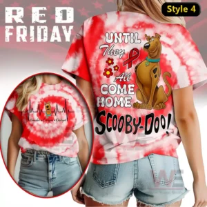 Scooby Doo Red Friday Until They all Come Home Shirt 7 A tie dye shirt showing an animated dog with supportive text and floral decorations!