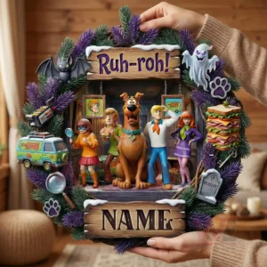 Scooby Doo themed christmas wreath with dog character friends mystery icons and festive greenery!