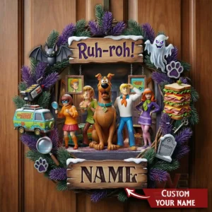 Scooby Doo Ruh roh Custom Christmas Wreath Ornament 3 Scooby Doo christmas wreath hanging on a door with cartoon characters spooky accents and personalized name sign!