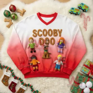 Scooby Doo crochet v neck sweatshirt with red gradient sleeves and handmade character details displayed flat with Christmas decorations!