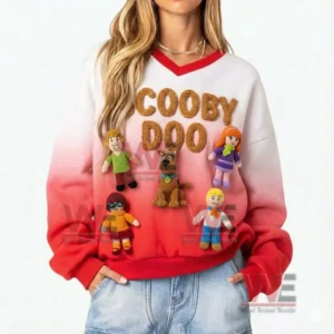 Scooby Doo crochet v neck sweatshirt worn by a model on a plain white background emphasizing the garment details!