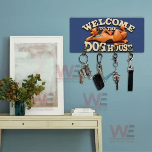Scooby Doo Welcome to the Dog House Personalized Wall Key Holder 7 Welcome To The Dog House blue wall key holder with lounging cartoon dog and five hooks holding keys displayed on a blue wall above a console table with framed art!