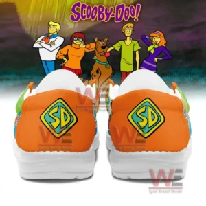 Scooby Doo What Would Scooby Do Hey Dude Shoes 8 Back view of Scooby Doo shoes with SD emblems and character group background!