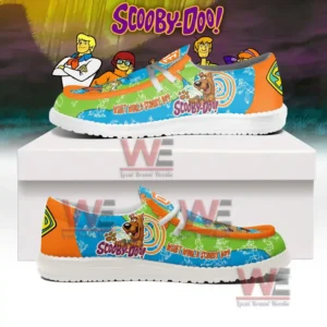 Scooby Doo What Would Scooby Do Hey Dude Shoes 9 Scooby Doo shoes on a white display box with animated characters in the background!