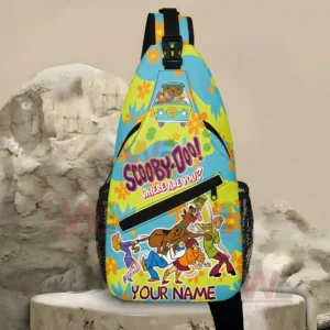 Scooby Doo Where Are You Personalized Sling Bags 5 Front view of a colorful cartoon sling bag with bold character artwork floral background and central zip pocket!
