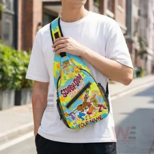 Scooby Doo Where Are You Personalized Sling Bags 6 Model wearing a colorful cartoon sling bag crossbody style outdoors with casual clothing!