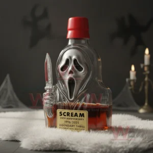 Scream inspired whiskey bottle with mask face and knife displayed on a white rug in a spooky room!