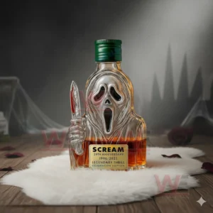 Horror themed whiskey bottle with screaming mask and knife shown in a deserted eerie setting!
