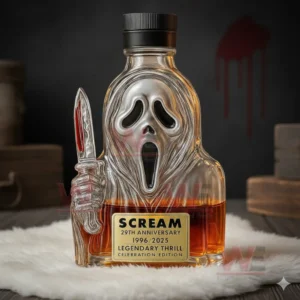 Minimal horror whiskey bottle with mask face and knife on a white surface!
