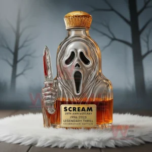 Horror anniversary whiskey bottle with mask and knife shown in a dark forest themed scene!