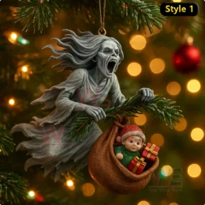 Ghost themed Christmas ornament holding a branch and carrying a doll and gifts in a brown sack with warm lights behind it!