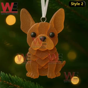 Sea Glass French bulldog Christmas Ornament 5 Brown sea glass french bulldog ornament hanging on a festive tree with warm holiday glow!