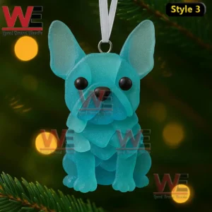 Sea Glass French bulldog Christmas Ornament 6 Blue sea glass french bulldog ornament hanging on a christmas tree with glowing lights!