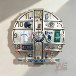 Seattle Mariners themed wall clock with mascot and baseball memorabilia arranged in a circular layout!