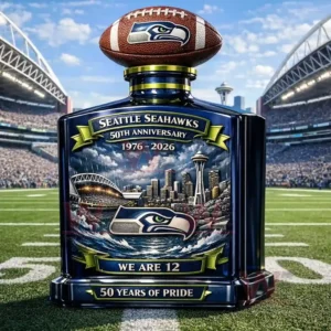 Decorative Seattle Seahawks anniversary bottle on a football field inside a stadium!