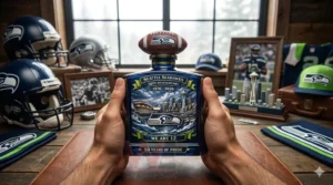 Seattle Seahawks 50th Anniversary 1976-2026 We Are 12 Whiskey Bottle 3 Person holding a Seattle Seahawks anniversary bottle in a room full of team memorabilia!