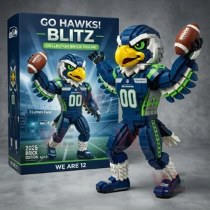 Seattle Seahawks Blitz Brick Set 4 Seattle Seahawks brick mascot figure holding a football next to branded collector box!