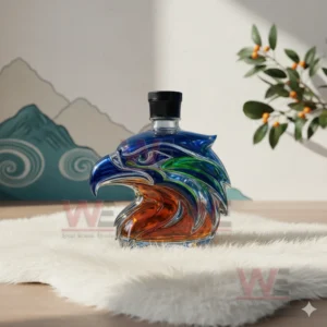 A glass eagle head bottle with amber liquid and black cap on white fur with mountain art behind it.