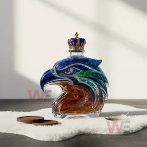 A multicolored eagle head bottle with crown cap on white fur in a bright room.