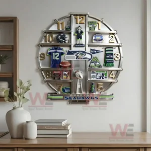 Seattle Seahawks decorative wall clock with shelves displaying team collectibles mounted on a living room wall!