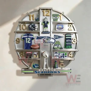 Seattle Seahawks Home Decorative 3D Wall Clock 6 Close up of Seattle Seahawks wall clock showing logo numbers and small team themed displays!