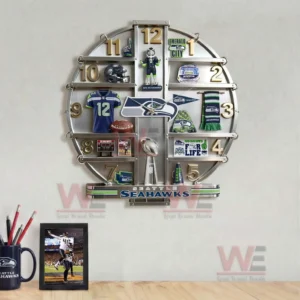 Seattle Seahawks Home Decorative 3D Wall Clock 7 Seattle Seahawks wall clock mounted above a desk in a home office setting!