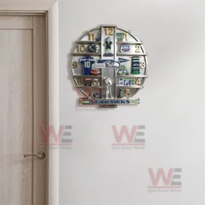 Seattle Seahawks Home Decorative 3D Wall Clock 8 Seattle Seahawks themed wall clock displayed on a hallway wall near a door!