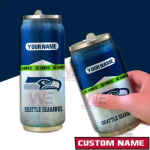 Two angle view of a custom name Seattle Seahawks can shaped tumbler in blue and silver.