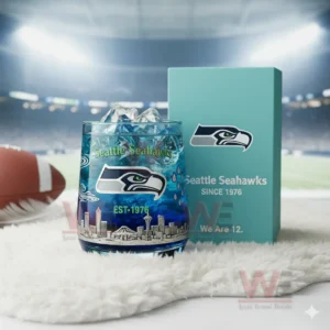 Seattle Seahawks themed glass and collector box displayed in a football stadium inspired setting!