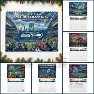 Various two zero two six Seahawks calendar pages showing themed artwork for multiple months!