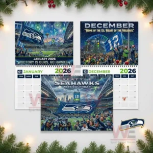 Seattle Seahawks 2026 Wall Calendar 7 Cover art of a Seahawks flag flying in a stadium with the Seattle skyline and mountains in the background!