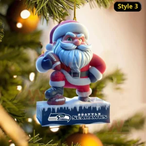 Ornament of Santa holding a football standing on a blue Seahawks platform!