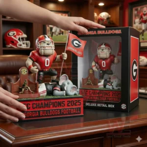 Hands arranging a Georgia Bulldogs SEC Champions two thousand twenty five collectible set with a bulldog figure flag football trophy display and defeated elephant mascot beside the retail box.