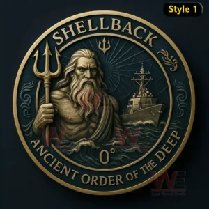 A circular coin with a sea god trident and a naval ship emerging from the ocean with radiant lines!