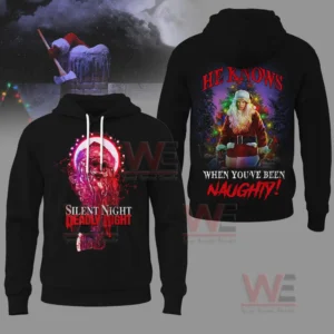 Black christmas horror hoodie with sinister santa artwork glowing lights and dark festive theme!