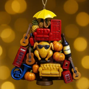 Colorful Christmas ornament displaying stacked objects such as couches pumpkins guitars pineapples a turkey with sunglasses and a yellow umbrella on a warm festive background!