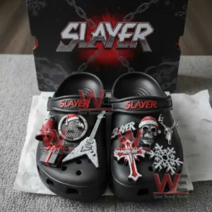 Black Slayer themed clogs with multiple charms arranged before a Slayer gift box!