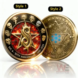 Commemorative coins with a fiery emblem on one side and a geometric blue dotted symbol on the other shown in a bright display!