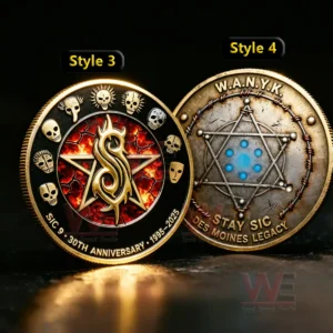 Slipknot SIC 9 30th Anniversary 1995-2025 Coin 5 Two commemorative coins with a fiery emblem and a metallic star pattern shown against a dark background!