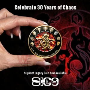 Slipknot SIC 9 30th Anniversary 1995-2025 Coin 6 Hand holding a commemorative coin with a fiery emblem and mask icons against a red background!