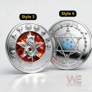 Slipknot SIC 9 30th Anniversary 1995-2025 Coin 7 Silver toned commemorative coins with a fiery emblem on one side and a geometric star pattern with blue dots on the other!