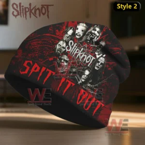 A distressed red and black beanie showing band member portraits around an emblem with bold red text at the brim!