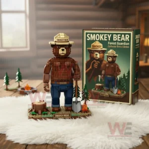 Smokey Bear forest guardian brick figure displayed on a base next to a green collector box in a cozy indoor setting!