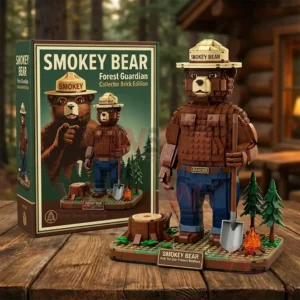 Smokey Bear Forest Guardian Collector Brick Edition 6 Smokey Bear brick figure on a forest themed base placed beside a collector box on a wooden surface outdoors!