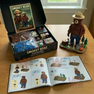 Smokey Bear Forest Guardian Collector Brick Edition 7 Open Smokey Bear collector brick set with instruction book and assembled forest guardian figure on a table!