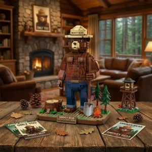 Smokey Bear Forest Guardian Collector Brick Edition 8 Smokey Bear forest guardian brick figure displayed on a table inside a warm cabin living room!