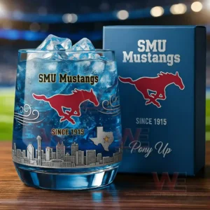 A blue iced SMU Mustangs glass beside a matching box with a stadium backdrop!