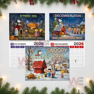 Collage of Snoopy twenty twenty six calendar pages including Halloween December and the main snowy cover with Snoopy and Peanuts characters!