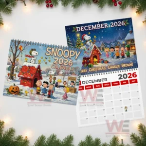 Snoopy twenty twenty six calendar cover next to the December page with Snoopy and Peanuts characters in a Christmas village!